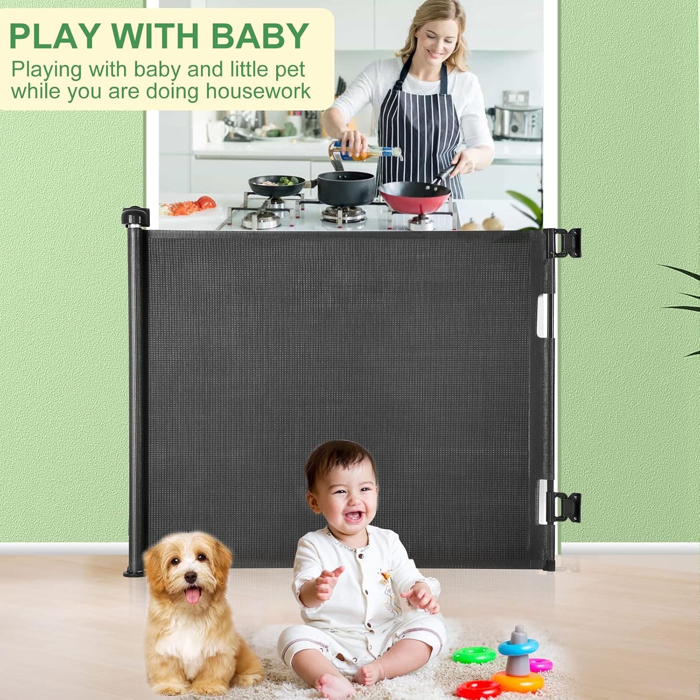 Retractable Baby Gate, Extra Wide Safety Kids or Pets Gate, 33” Tall, Extends to 55” Wide, Mesh Safety Dog Gate for Stairs, Indoor, Outdoor, Doorways, Hallways(33”x55”- Black)