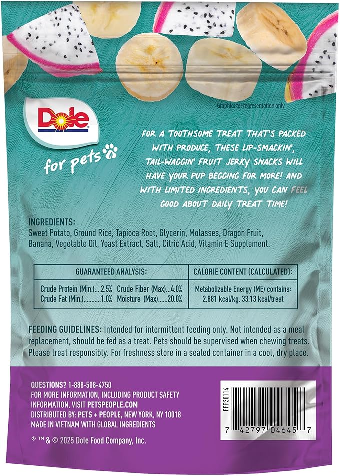Dole for Pets Fruit Jerky Bites Dog Treats, Banana and Dragon Fruit, 6oz | Flavored with Real Fruits, No Wheat, Corn, Soy, Artificial Flavors, Colors, or Preservatives