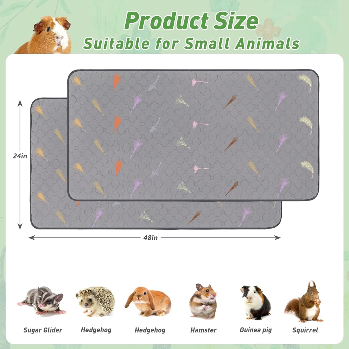 Guinea Pig Cage Liners, 5 Pack 12'' X 12'' Washable Guinea Pig Pee Pads, Non Slip Reusable Super Absorbent Guinea Pig Training Mat Bedding Fleece for Small Animals Hamster Rabbit Chinchilla Rat
