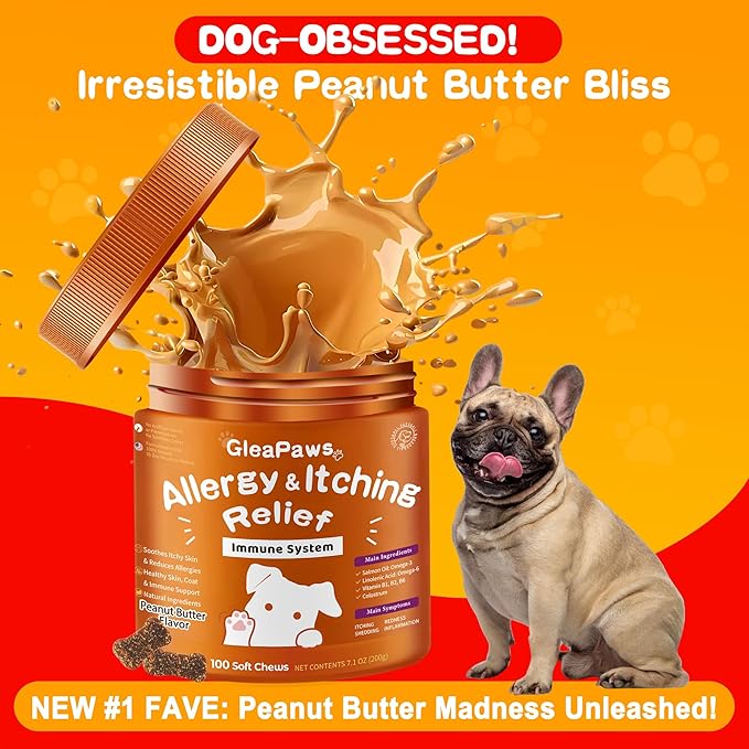 Dog Allergy & Itch Relief Supplement - Salmon Oil Omega-3, Omega-6, Vitamin B1/B2/B6, Colostrum Probiotics for Seasonal Allergy, Hot Spots, Paw Licking, 100 Chews, Peanut Butter+Salmon Oil