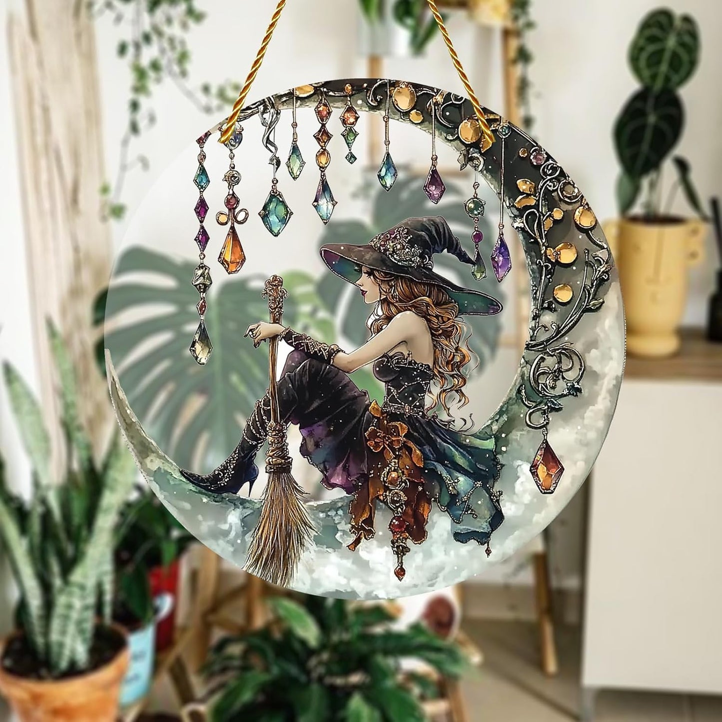 8x8 inch Charming Moonlight Witch Acrylic Stained Glass Window Hanging Sun Catcher Decor Stained Panel Hangings Wall Art Decor, for Friends and Family (Moonlight Witch)