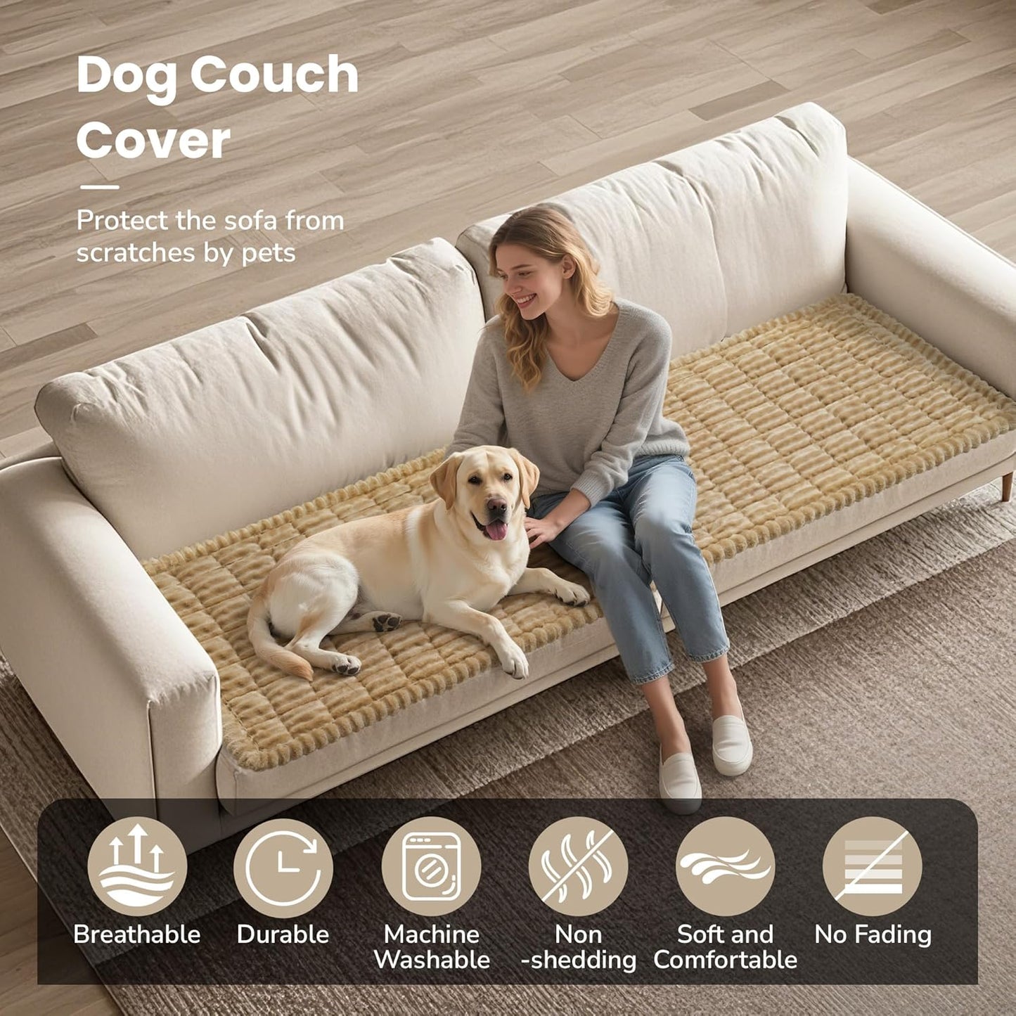 Couch Cover for Dogs Washable, Durable Dog Couch Cover Protector, Fuzzy Pet Couch Covers for Sofa, Non Slip Pet Sofa Covers for Dogs, Soft Dog Slipcover for Couch, Light Brown, 27.6" x 70.9"
