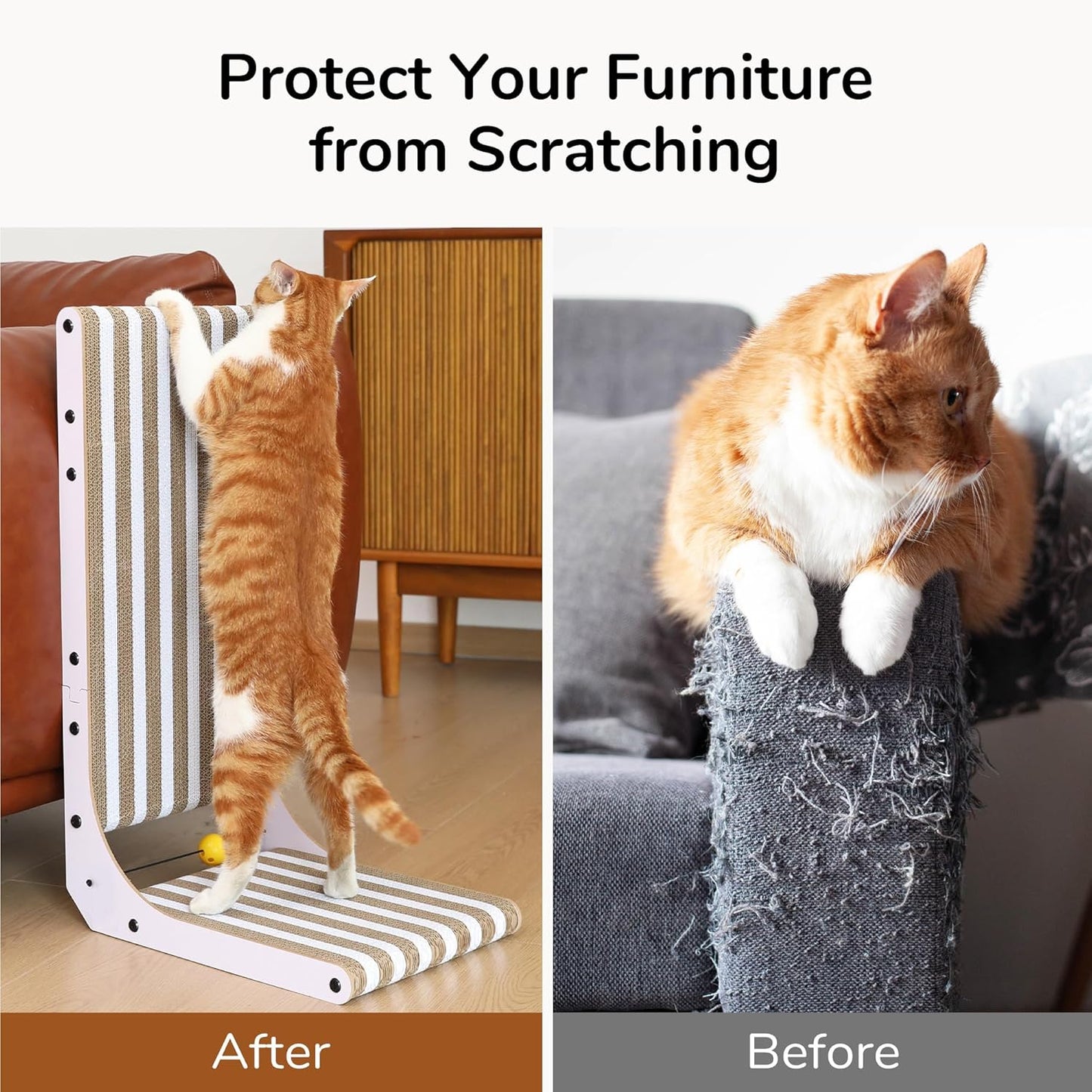 FUKUMARU Cat Scratcher, 26.8 Inch L Shape Cat Scratch Pad, Strip Pattern Cats Scratching Post Wall Mounted, Cardboard Cats Scratcher with Ball Toy for Indoor Kitty, Fun Playing Box Included, L