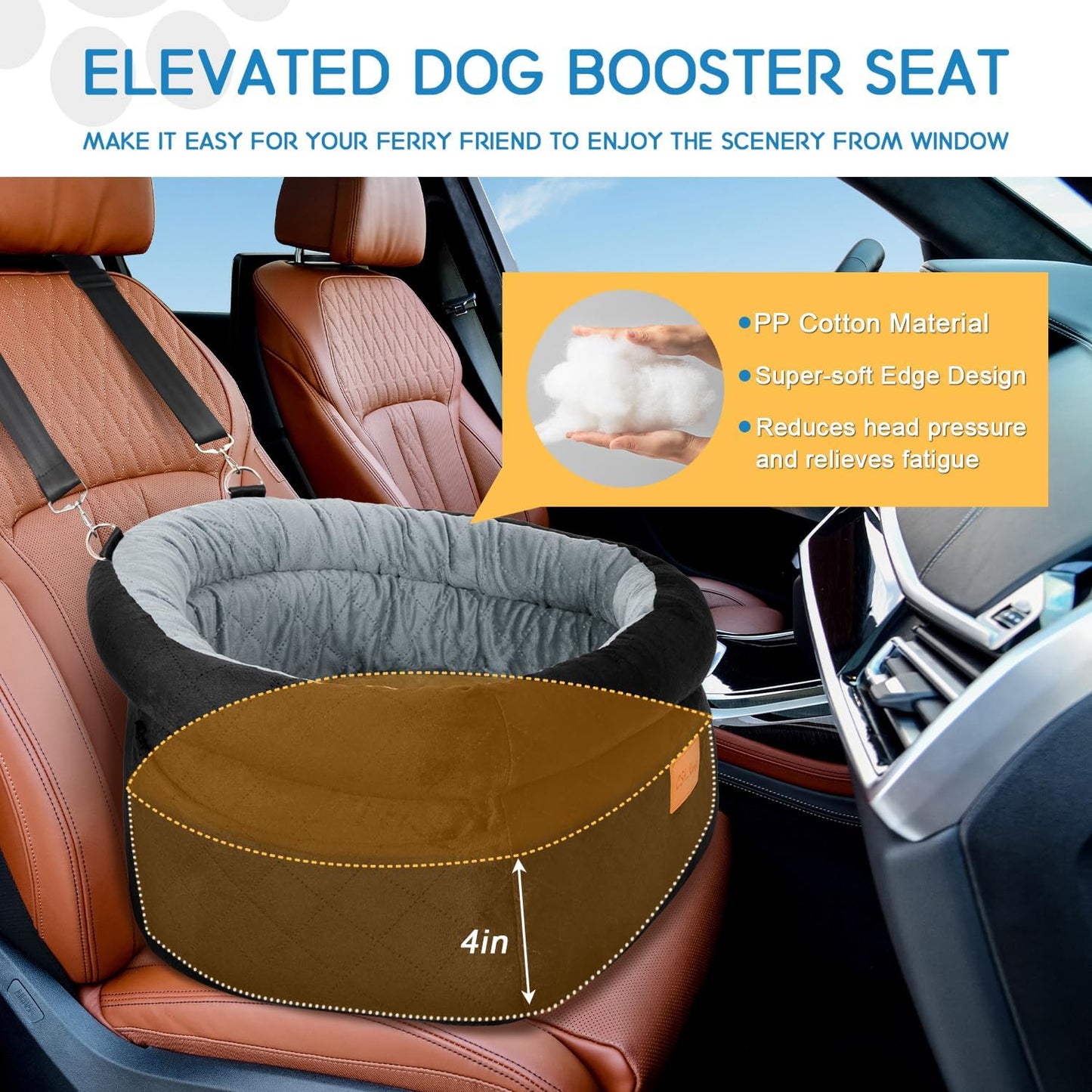 Cozy Dog Car Seat for Small Dogs Up to 30lbs, Elevated Memory Foam Booster Seat, Pet Travel Bed with Washable Removable Cover & Storage Pockets (Black&Brown)