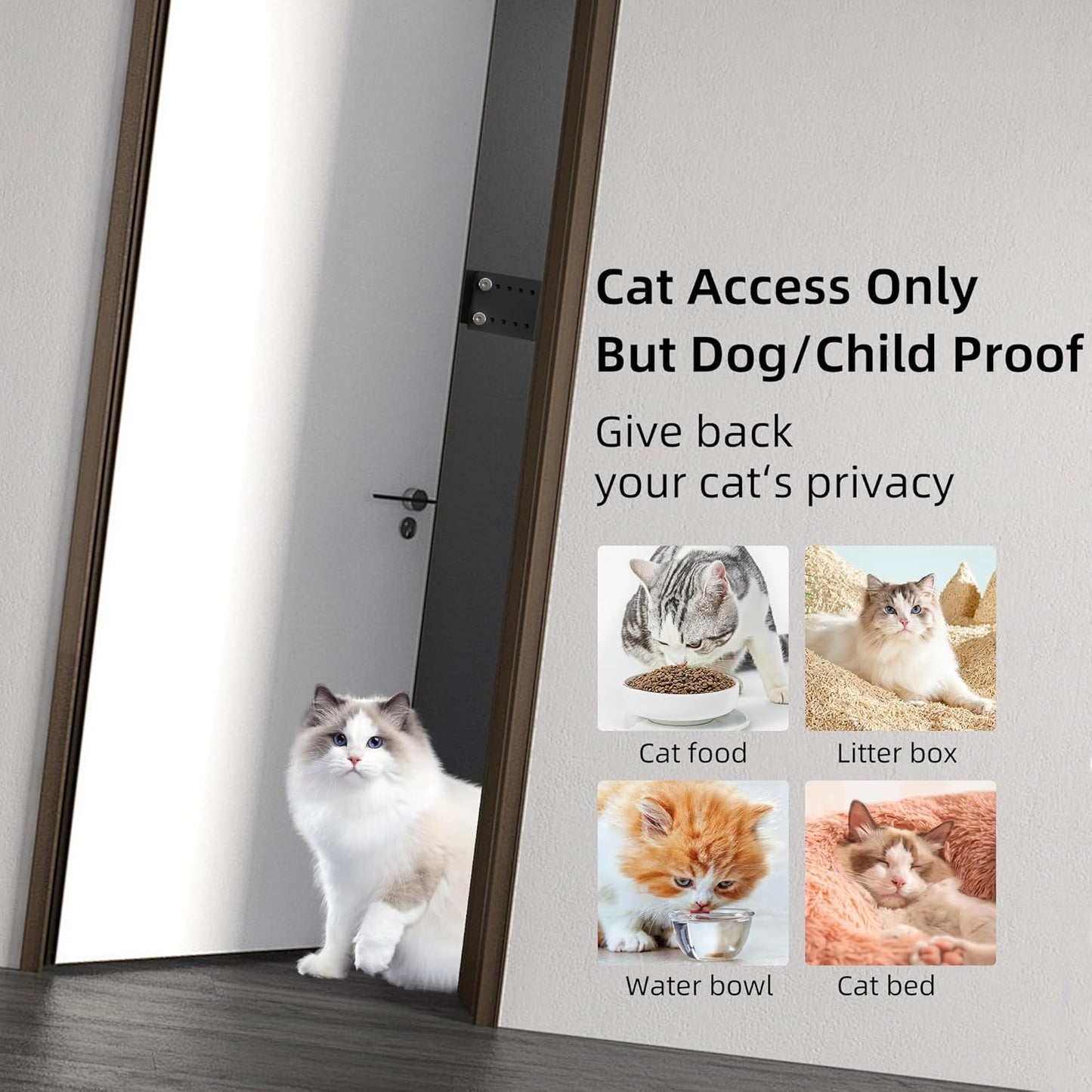 Cat Door Latch, Door Prop for Cats Keep Dogs Out of Cat Feeding Station & Litter Box, Cat Door Stopper with Silicone Anti-Collision Pad, Pet Door Interior Door Alternative, Steel Black