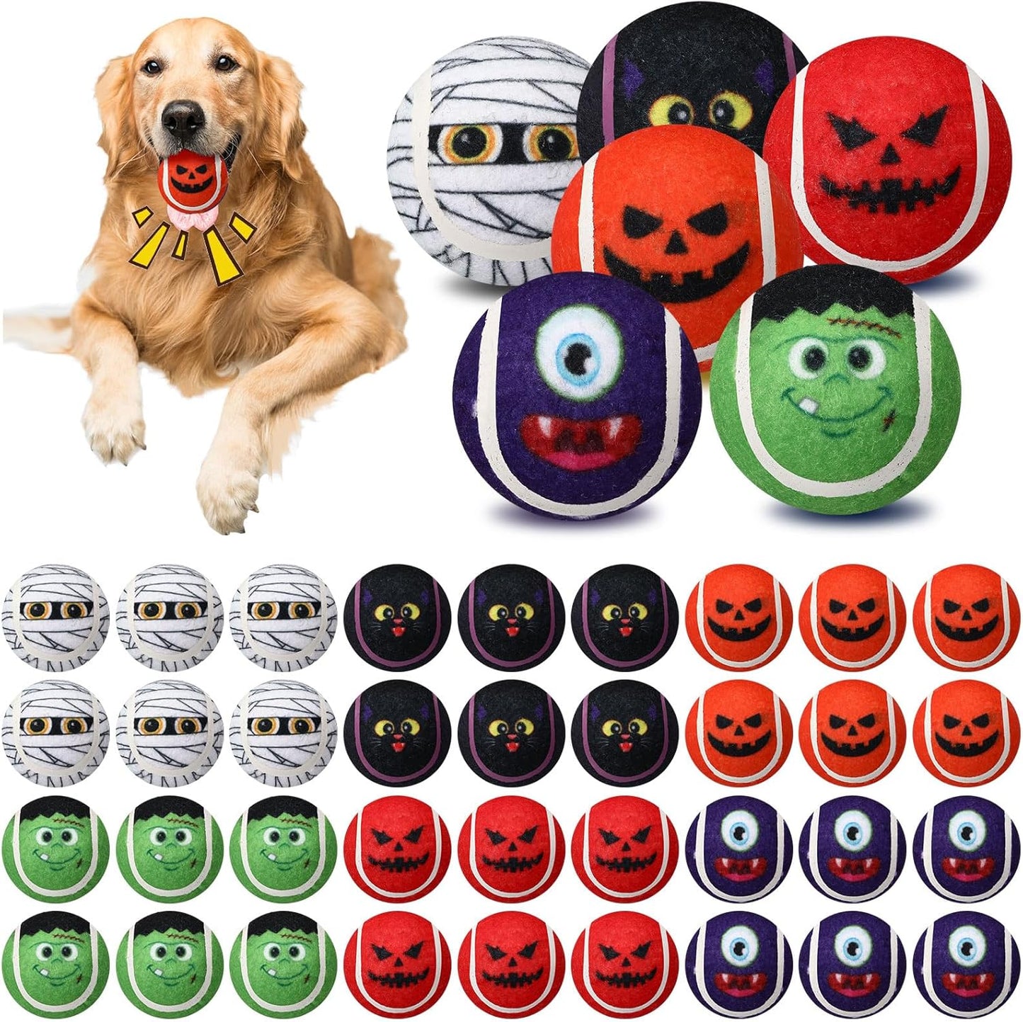 Civaner 36 Pcs Halloween Dog Toys Bulk, 2.5 Inch Squeaky Tennis Balls for Small Medium Large Dogs Pets Puppy Chew Teething Toy Interactive Training Gifts Xmas Stocking Stuffers