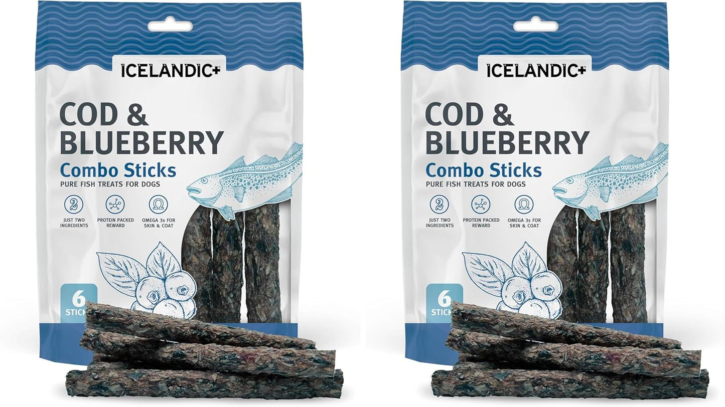 Icelandic+ Combo Sticks: Cod & Blueberry - 2oz - Dog Treats, Crunchy 2 Ingredient Pet Snacks, Preservative Free, Wild Caught Fish, Slow Baked, Natural (Pack of 2)