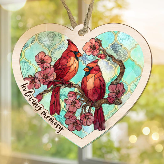 Personalized Cardinal Suncatcher Memorial Ornament – “Together in Heaven” Heart-Shaped Custom Remembrance Gift for Loss of Loved Ones – Stained Glass Cardinal Suncatchers for Windows or Car Display