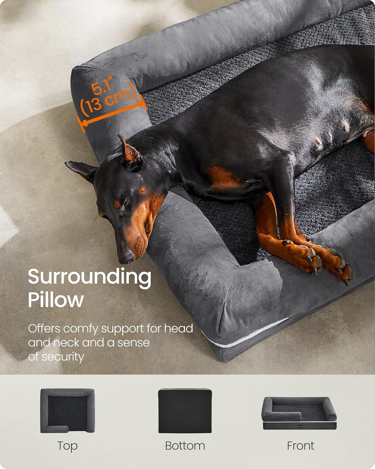 Feandrea Orthopedic Dog Bed Sofa, Memory Foam Dog Mat, Removable Cover, Waterproof, Machine Washable, Anti-Slip, Raised Edges, 48x33x7.9 Inches, Light Grey UPGW078G01V1