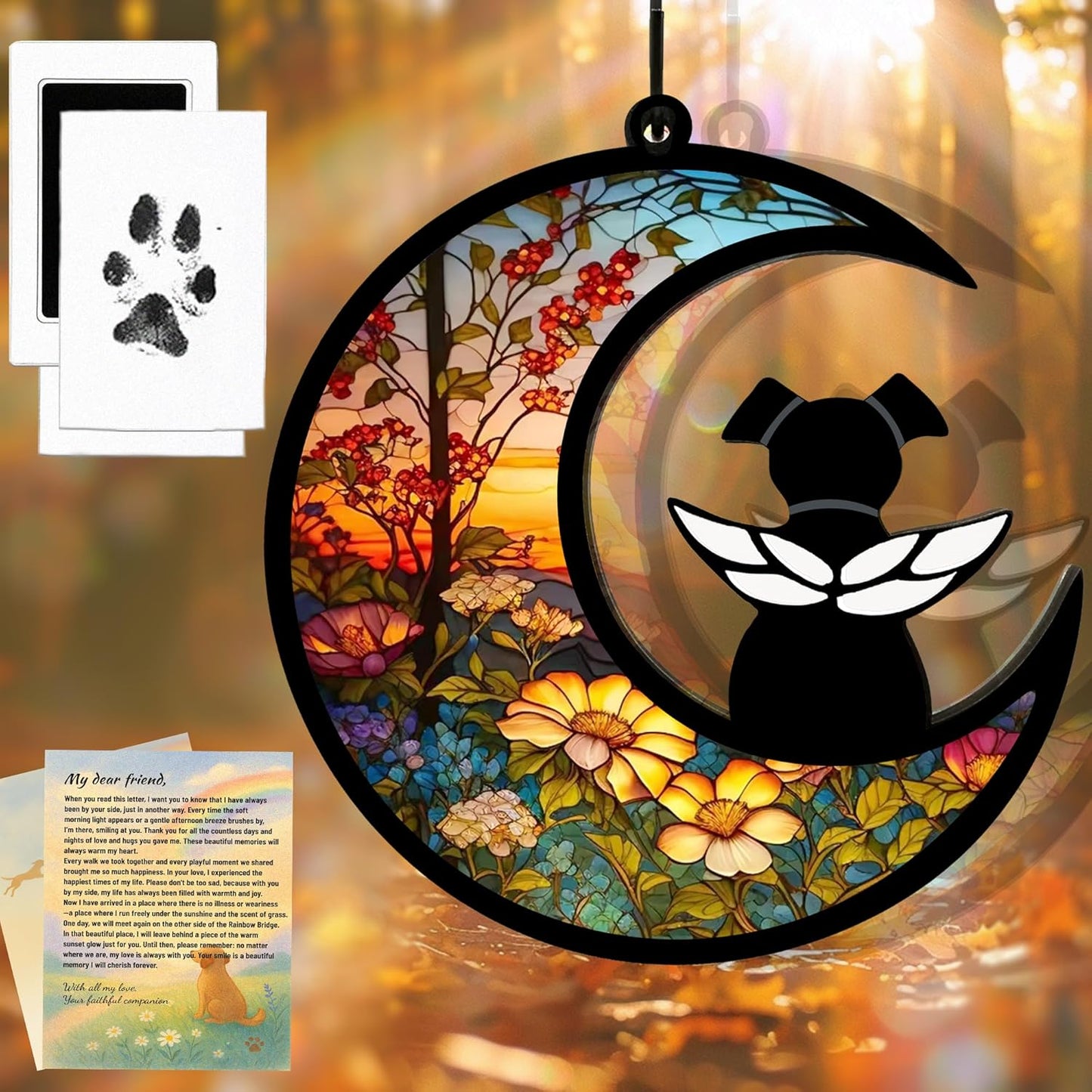 Dog Memorial Gift for Loss of Dog – DIY Angel Memorial Suncatcher & Paw Print Kit for Dogs with Sympathy Card | Pet Memorial Keepsake(Floral Memory Field)