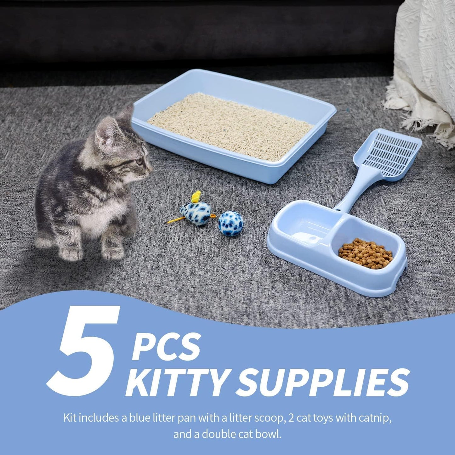 PAWISE Kitty Litter Box Set 5-Pieces - Shallow Cat Litter Pan, Cat Litter Scooper, Feeding Bowls, Kitten Starter Kit Mouse Toy, 14.5x10.5 Inches, Blue