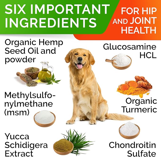 Hemp Chews for Dogs - Glucosamine Chondroitin for Dogs Joint Pain Relief with Hemp Oil, Hip & Joint Supplement Dogs, MSM Turmeric for Dogs Mobility, Dog Joint Supplement, Hemp Dog Treats Joints Health