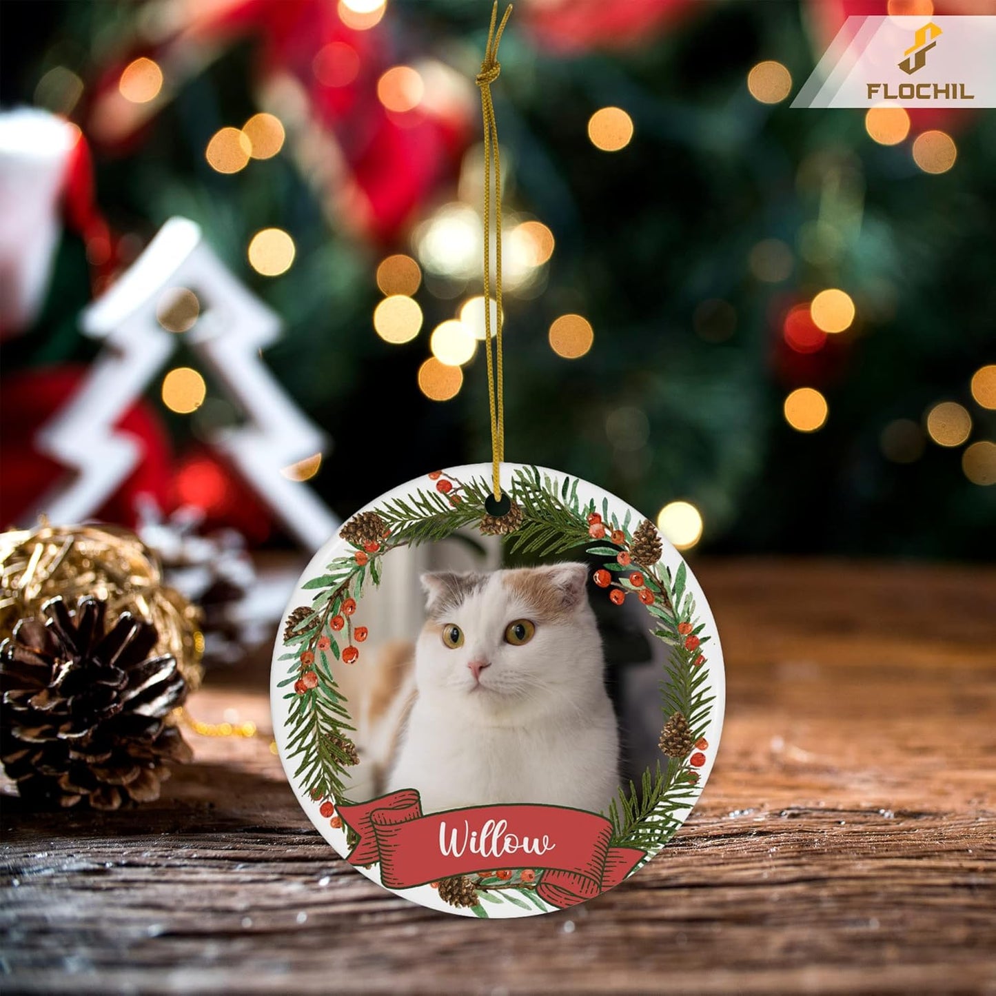 FLOCHIL Personalized Cat Christmas Ornaments Custom Photo Name for Christmas Trees, Cat First Christmas Ornaments, Gifts for Pet Lovers
