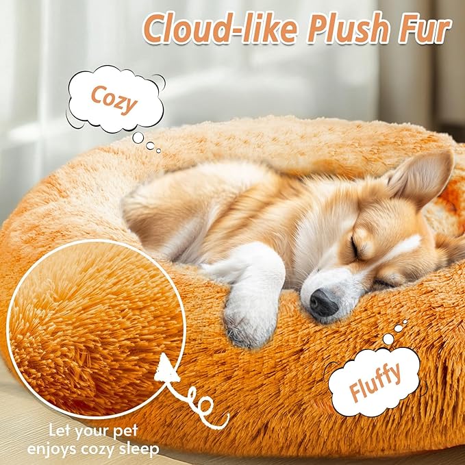 JOLLYVOGUE Medium Calming Dog Bed, Anti-Anxiety Donut Cuddler Cat Bed with Anti-Slip Bottom, Fluffy Faux Fur Machine Washable Pet Cushion for Medium Large Dog & Cat (31")