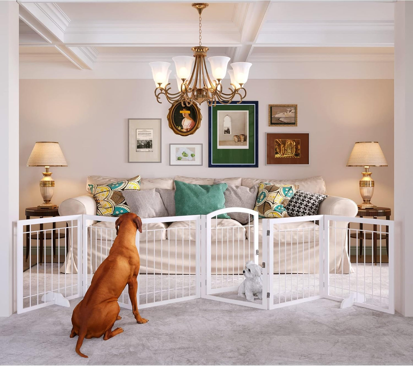 JSB 144-inch Extra Wide 30-inch Tall Dog gate with Door Walk Through, Freestanding Pet Gate for Halls, Stairs & Home, Pet Puppy Safety Dog Fence with 2PCS Support Feet (White)