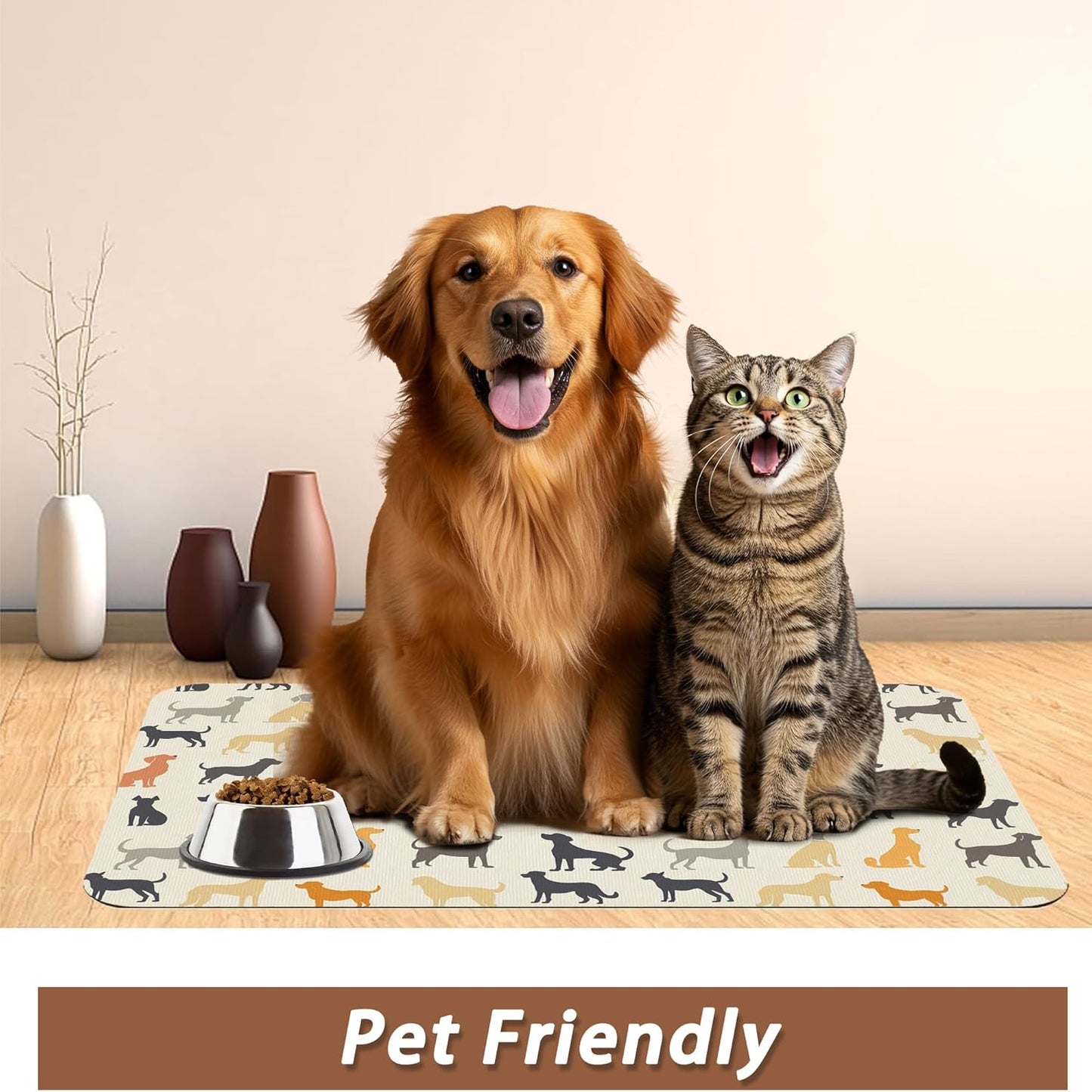Cute Dog Cat Food Mat,Color Silhouette Absorbent Pet Feeding Mat with Rubber Backing,Non-Slip Water Bowl Placemat,Indoor Pet Accessories Supplies 16"x24"