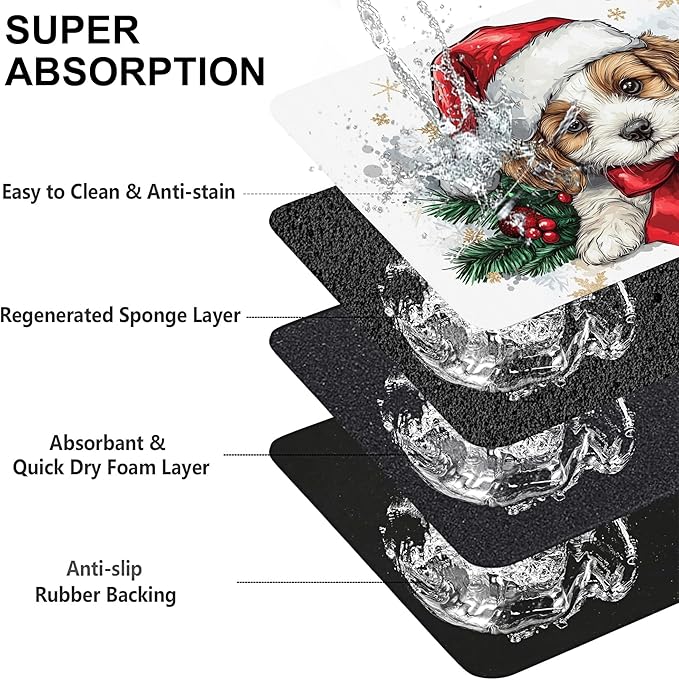 Merry Christmas Dog Dog Cat Food Mat-Absorbent Placemat for Food and Water Bowl, Waterproof Non Slip Rubber Backing Dog Food Mats for Floors, Pet Supplies 16 * 24 inch