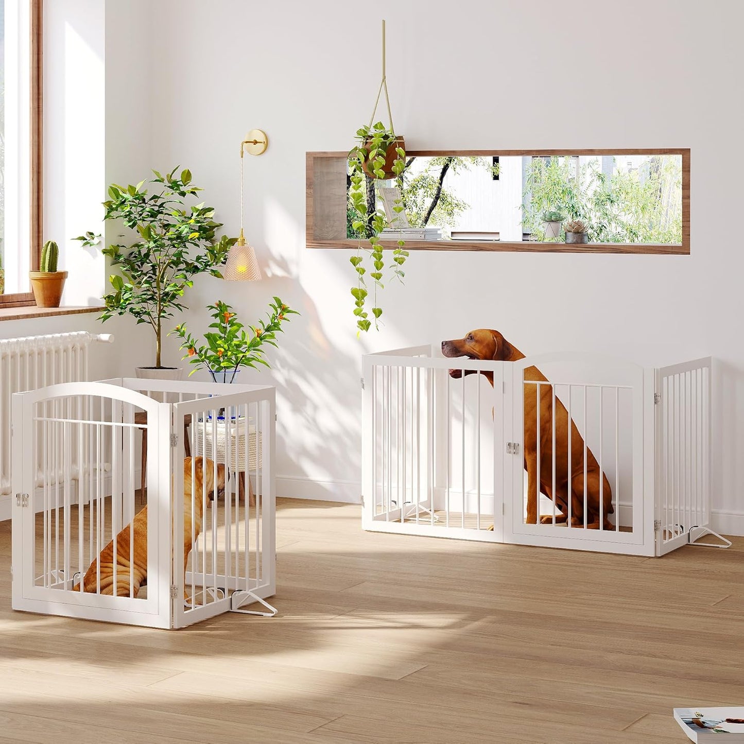 JSB 96-inch Extra Wide 30-inch Tall Dog gate with Door Walk Through, Freestanding Round Tube Pet Gate for Halls Stairs, Puppy Safety Dog Fence with 2PCS Support Feet (White)