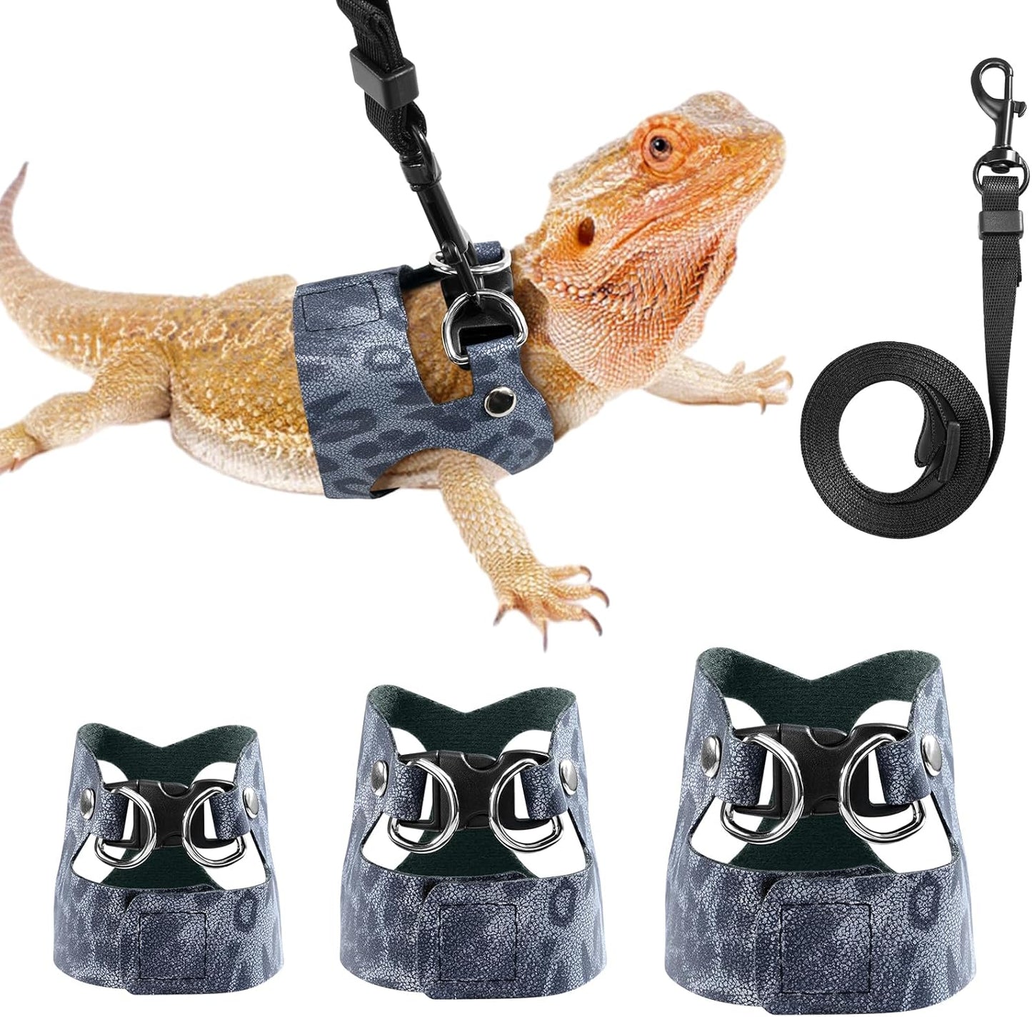 Pawaboo Adjustable Bearded Dragon Harness and Leash, 3 Size Leather Reptile Leash Outdoor Harness Leashs with Bat Wings for Lizard Reptiles Amphibians Small Pet, Small/Medium/Large, Leopard Dusty Blue