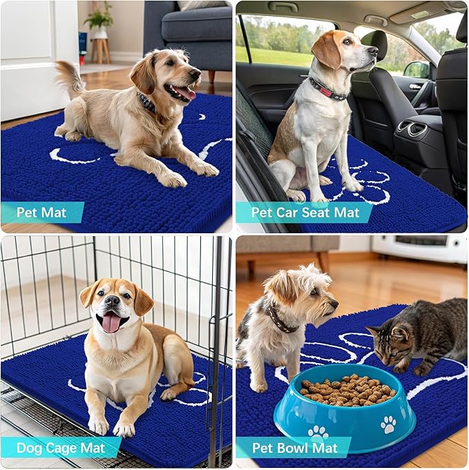 OLANLY Door Mat for Muddy Dog Paws 30x20, Ultra Absorbent Chenille Mud Doormat with Paw Print Design, Non-Slip Washable Doormat for Indoor Entryway, Quick-Dry Pet Bed Mats for Dirty Dogs, Royal Blue