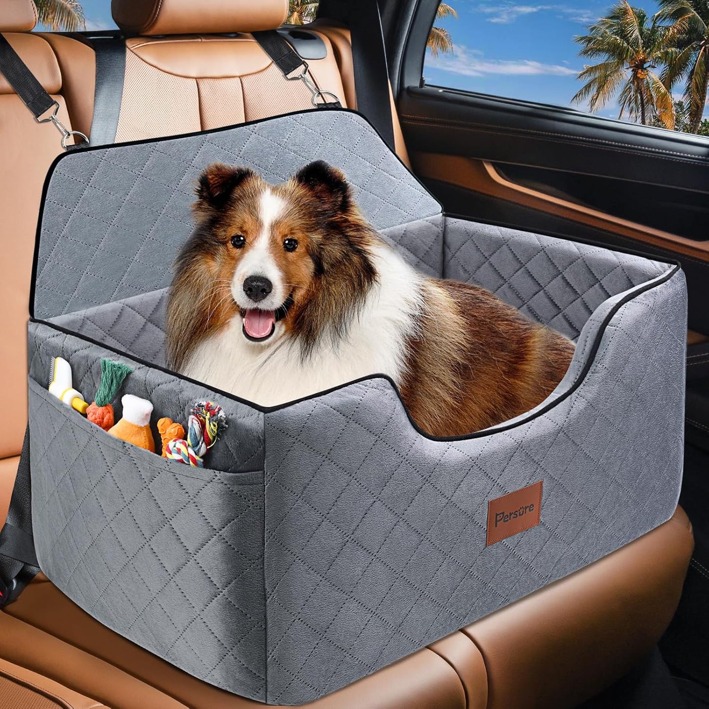 Dog Car Seat for Large-Medium Dogs: Pet Car Seat, Detachable Washable Dog Booster Seat, Pet Travel Bed with Storage Pockets and Dogs Safety Belt (Grey, Large)