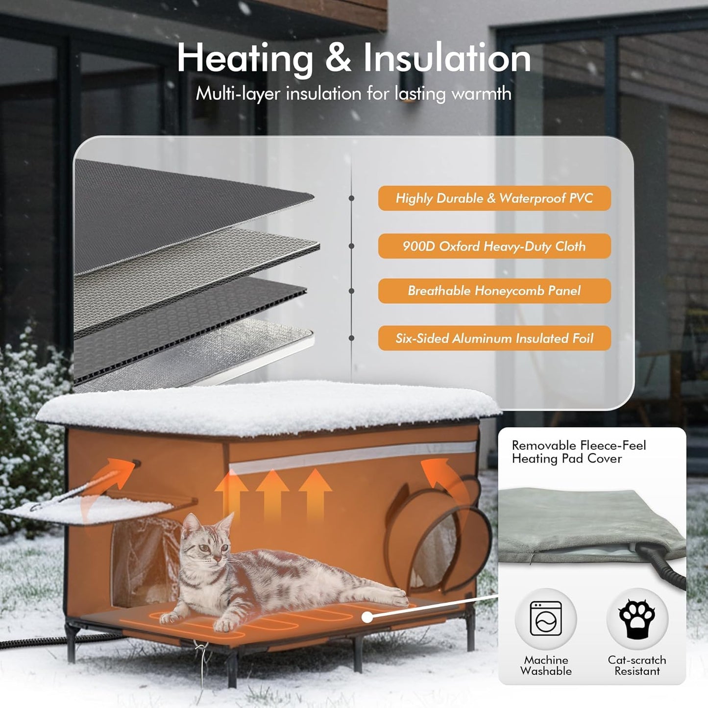 Heated Outdoor cat House for Outside, Weatherproof Insulated Feral Cat Shelter with Timer-Temp Control Heating Pad in Winter, Large Elevated Outdoor Cat House with Zipper, 2 Doors, Safety- Brown