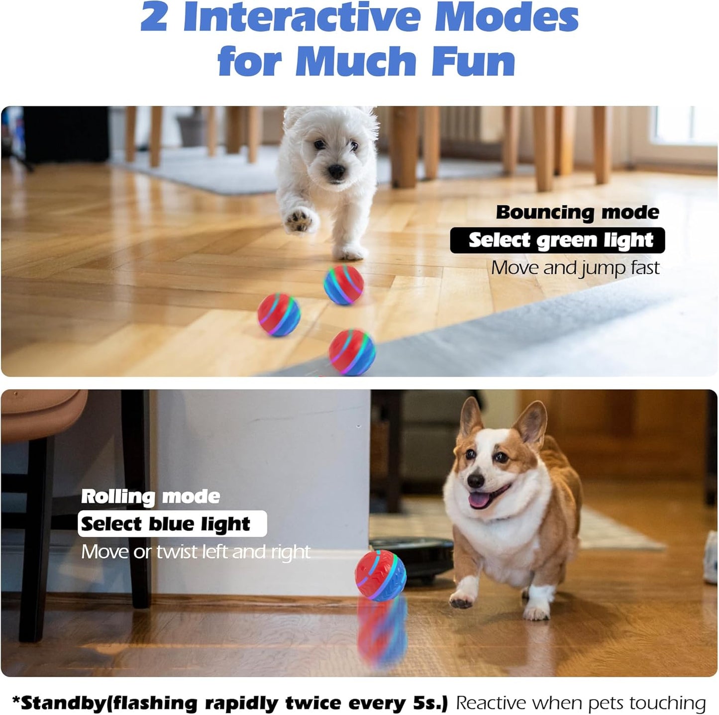 Pet Prime Interactive Dog Toy Ball, Durable 2 Modes Motion Active Rolling Ball for Dogs, USB Rechargeable Automatic Self Moving Dog Ball with LED Lights for Puppy, Small, Medium, Large Breed Dogs/Cats