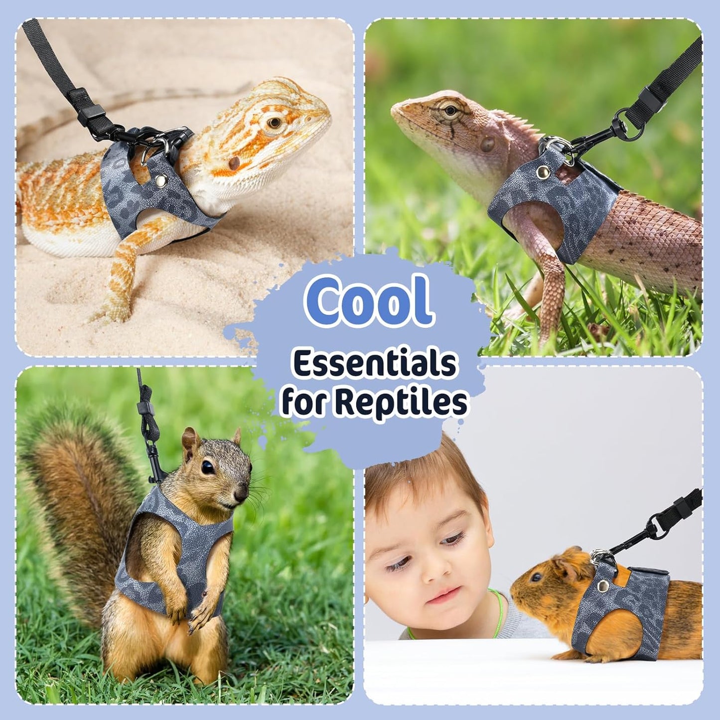 Pawaboo Adjustable Bearded Dragon Harness and Leash, 3 Size Leather Reptile Leash Outdoor Harness Leashs with Bat Wings for Lizard Reptiles Amphibians Small Pet, Small/Medium/Large, Leopard Dusty Blue