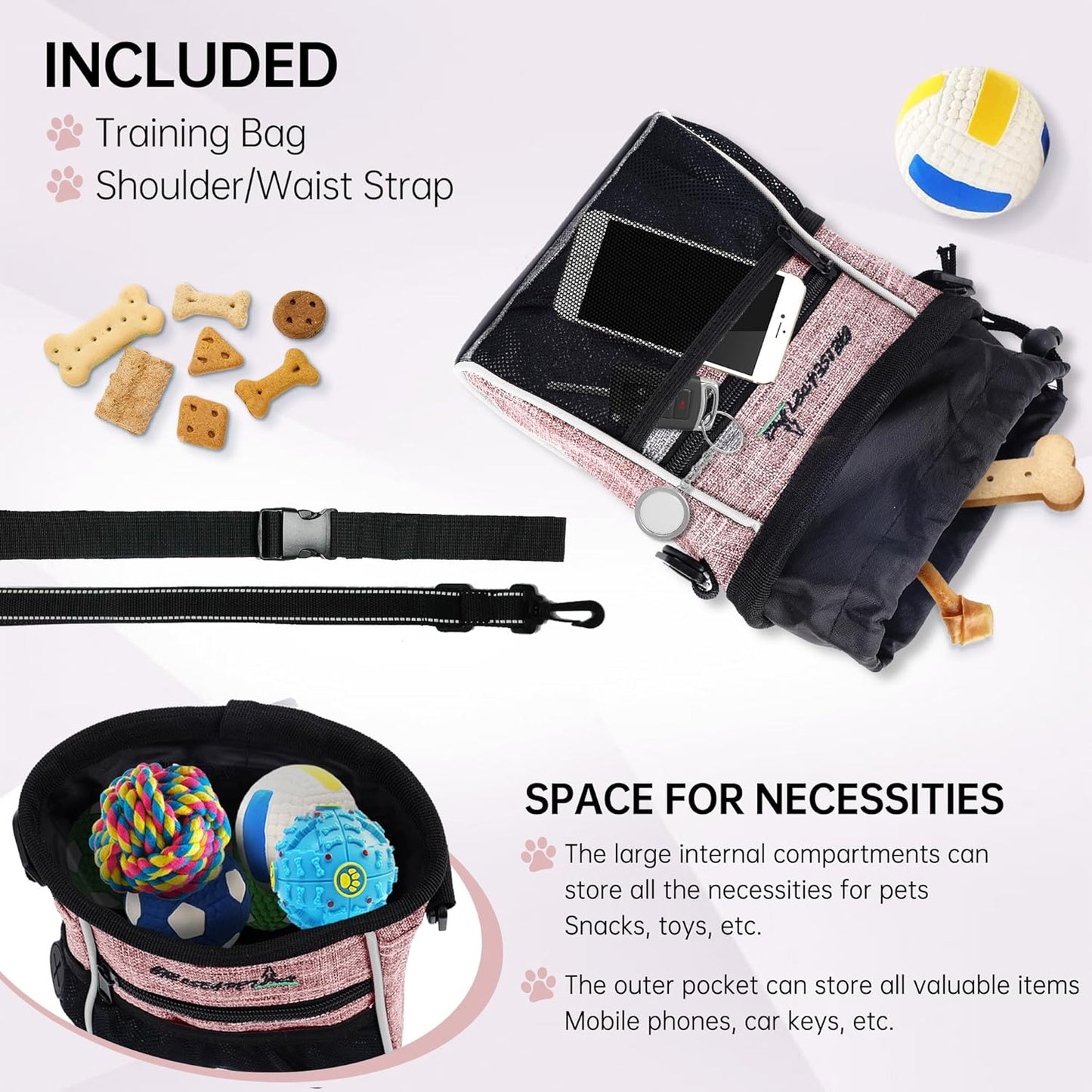 Dog Treat Pouches Training Walking Bag with Shoulder Strap, Large Space for Pets Food, Polyester Fabric, 3-Way Wearing Design, Portable Pet Bagand Easy to Clean (Pink)