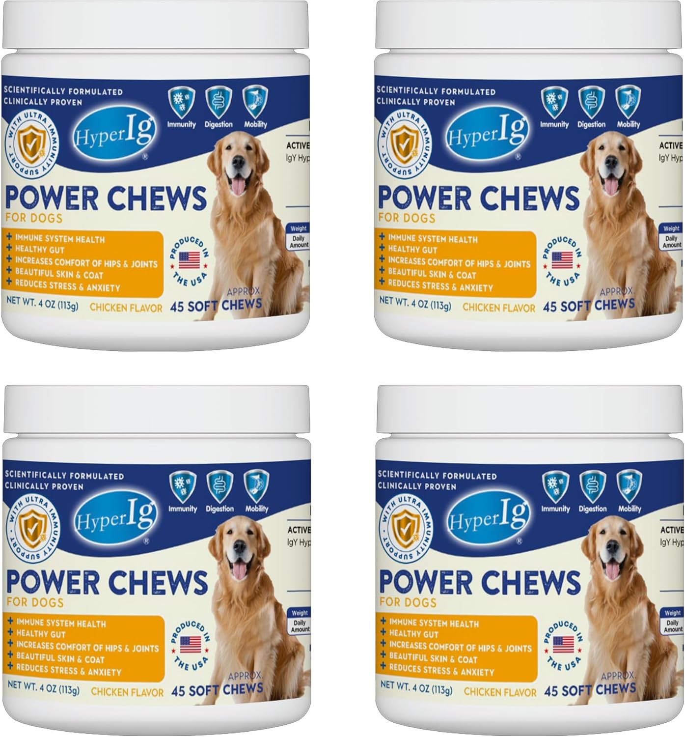 Dog Power Chews, 45 Soft Chews - Immune & Joint Support, Stress Relief, Anxiety, Skin & Coat Health, IgY Hyperimmune Protein Supplement for Mobility, Calming & Coat Health | Chicken Flavor - (113g)