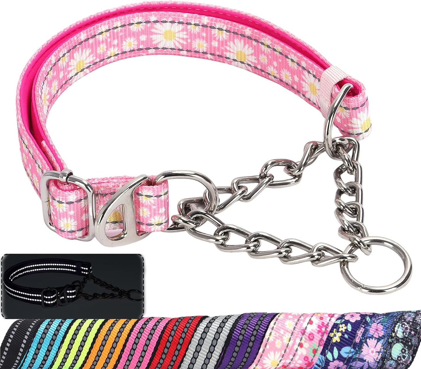 Martingale Collar for Dogs with Pink Daisy,Reflective Nylon Adjustable No Pull Dog Training Chain Collar Training, Walking, Hunting for All Breeds(Pink Daisy XXL)