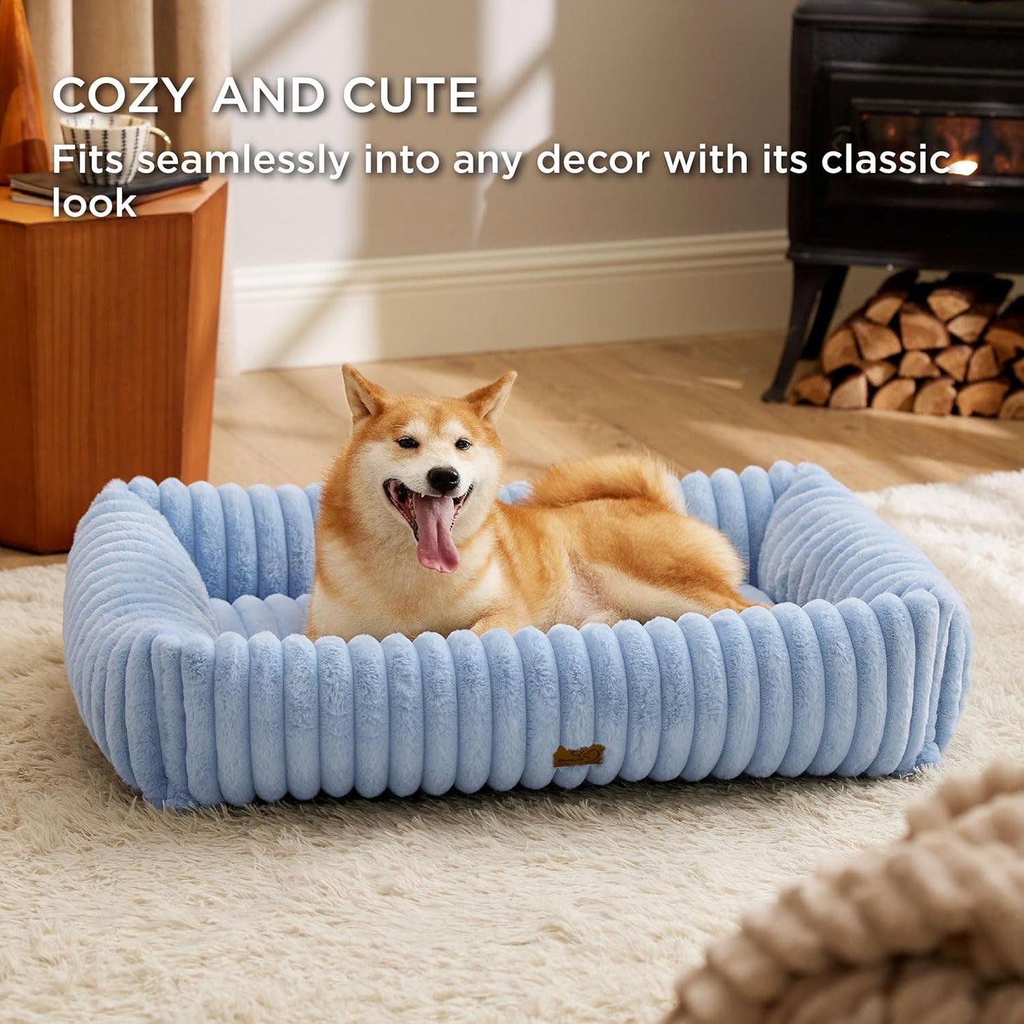 Bedsure Washable Dog Bed for Large Dogs - Cute Furry Puppy Beds, Rectangle Orthopedic Corduroy Fleece Pet Beds with Removable Zipper Cover, 36x27x8inches, Blue