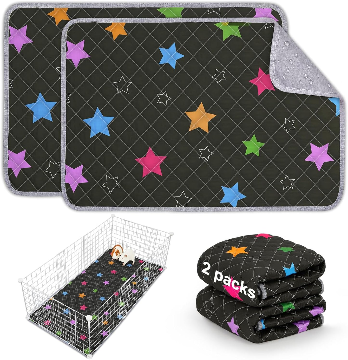 Bienbee Guinea Pig Bedding, 2 Pack 24" x 18" Reusable Guinea Pig Cage Liner Waterproof and Absorbent Small Animal Bedding Washable Guinea Pig Pee Pads for Small Pet Hamster Rabbit Squirrel, Black