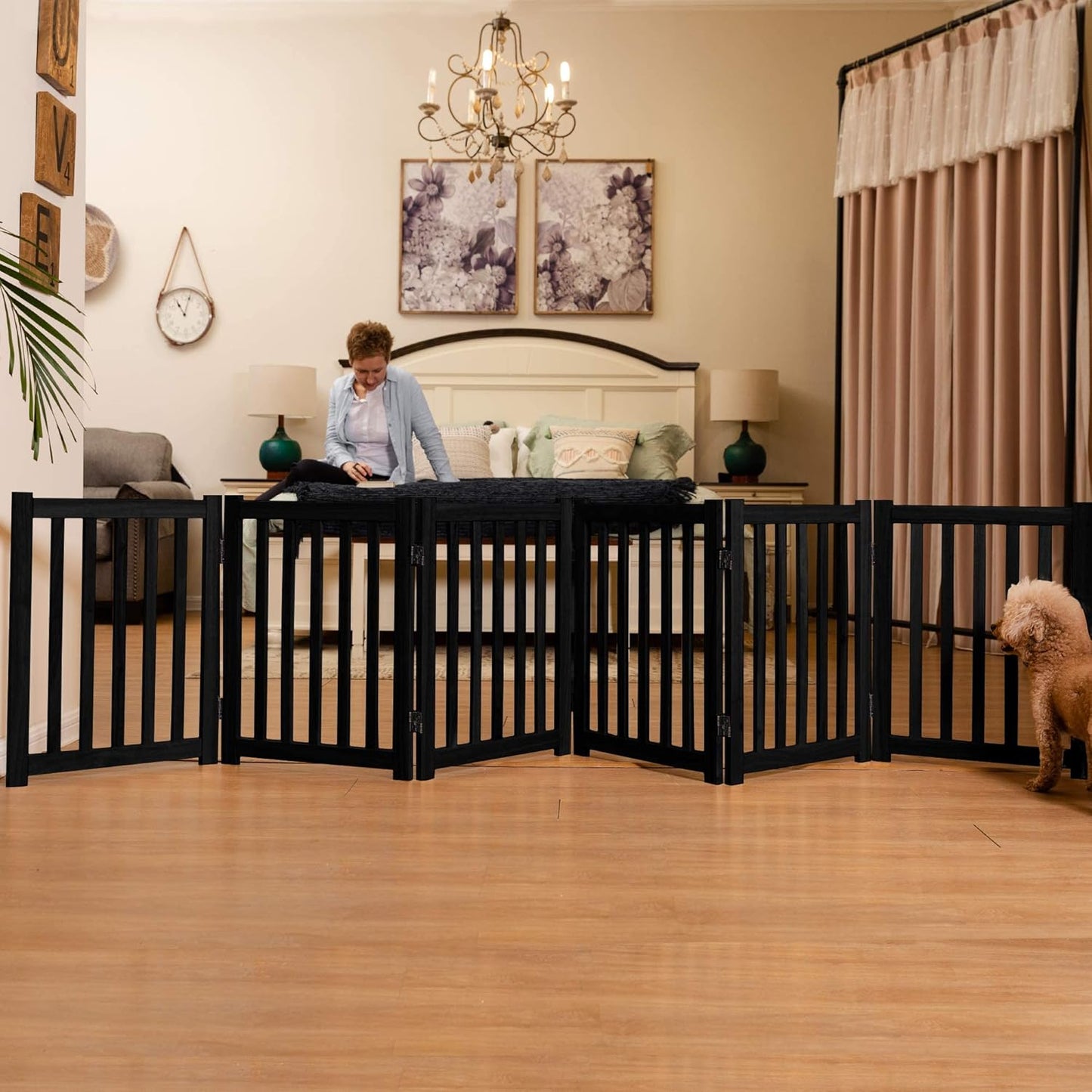 LZRS 6-Panel Extra-Wide Freestanding Wooden Dog Gate Indoor – 24”High Foldable Safety Pet Barrier for Doorways, Hallways, Kitchens, and Long Staircases, Durable Design fit Small to Medium Dogs, Black