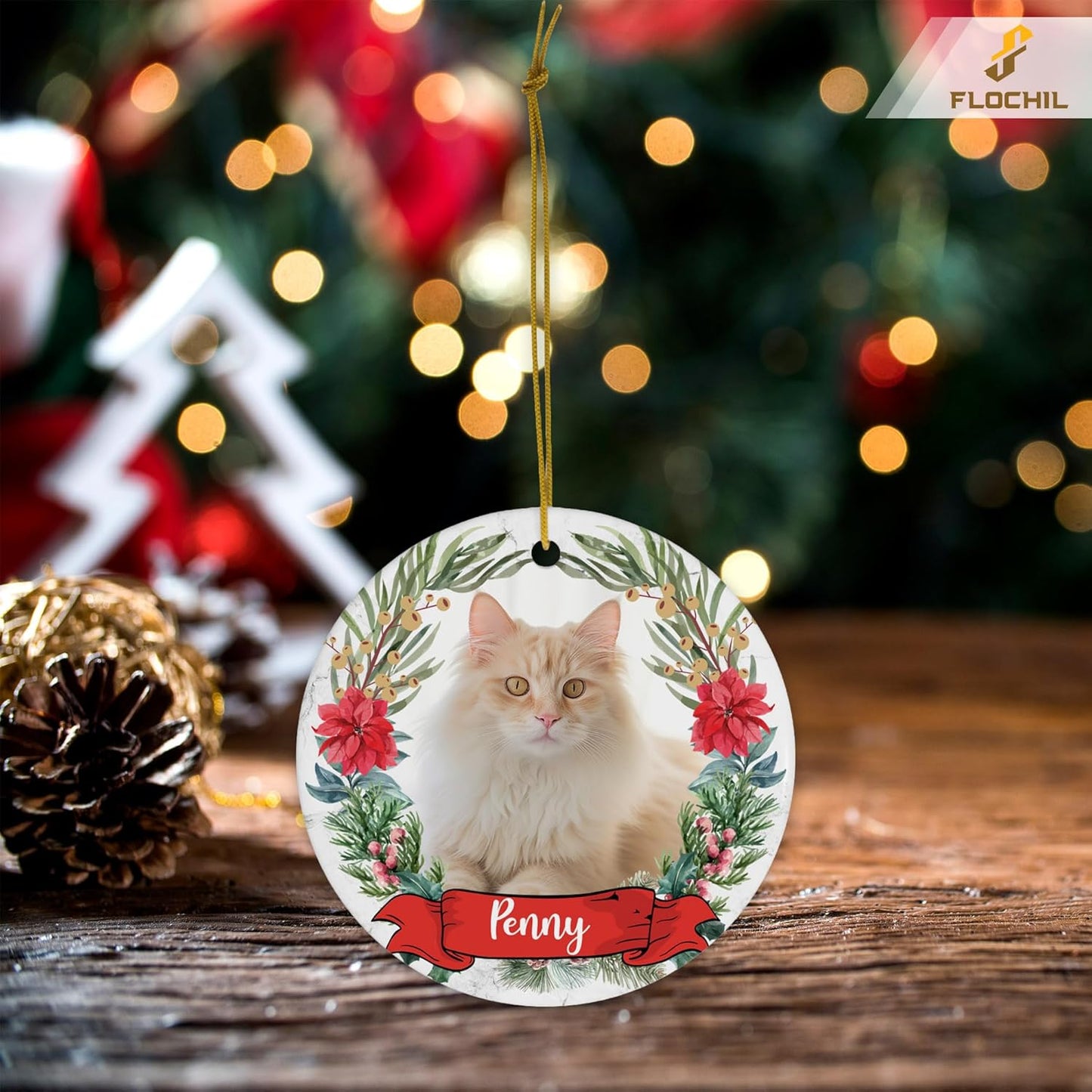 FLOCHIL Personalized Cat Christmas Ornaments Custom Photo Name for Christmas Trees, Cat First Christmas Ornaments, Gifts for Pet Lovers