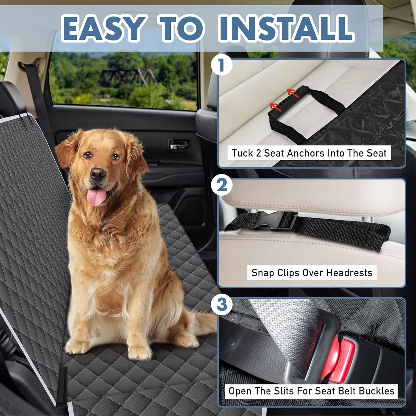 Backseat Cover for Dogs, Waterproof and Non-Slip Pet Bench Seat Covers, Car Seat Protector for Back Seat, Universal Size Rear Car Seat Cover Fits Cars, Trucks and SUVs, L-Charcoal Grey&Grey