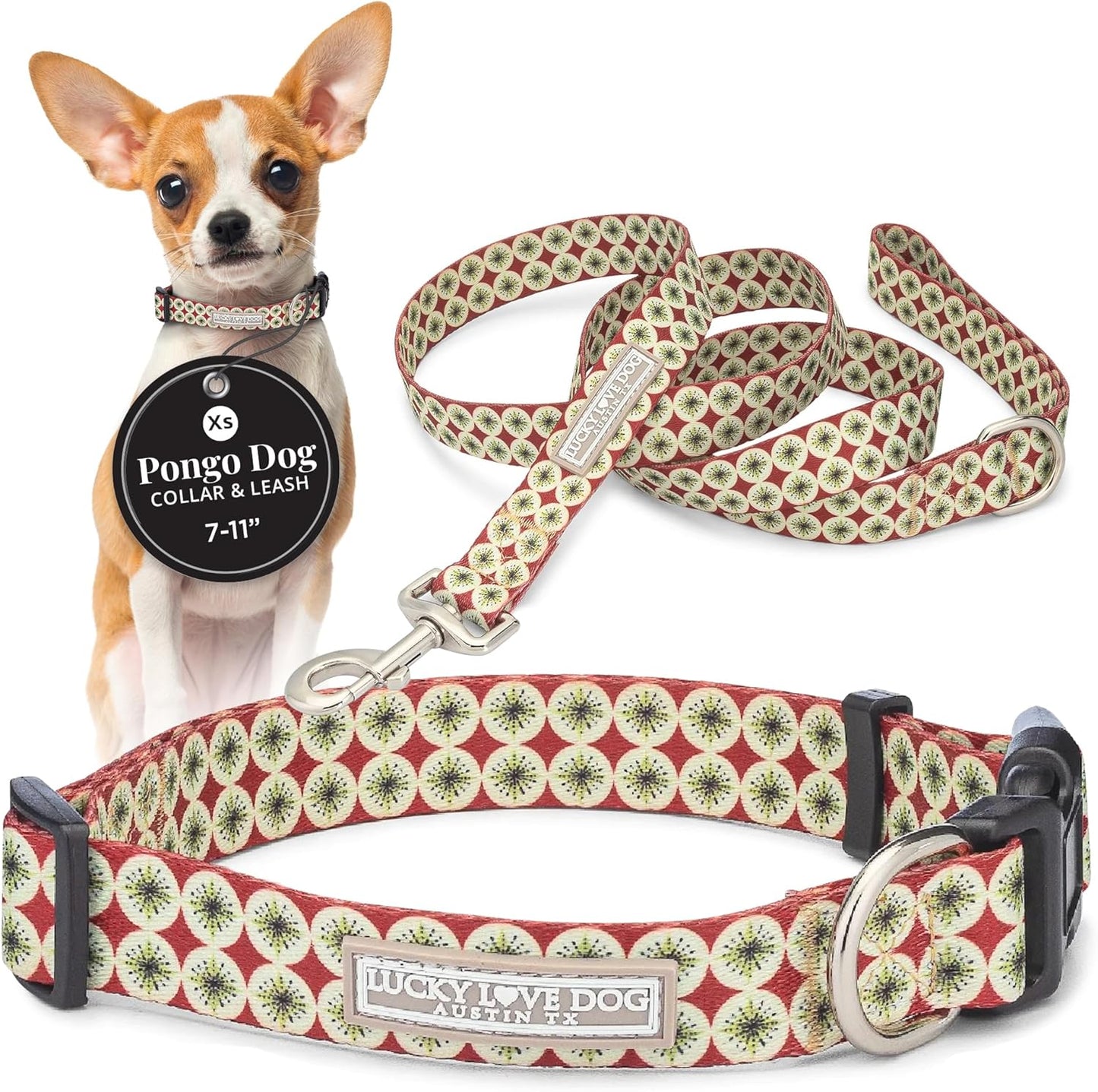 Lucky Love Dog - Easy Click Buckle Dog Collar with Leash Set Combo, Durable & Comfortable for Male & Female Dogs, Pet Collar for Small to Large Dogs, Secure Fit - Pongo Combo, XS