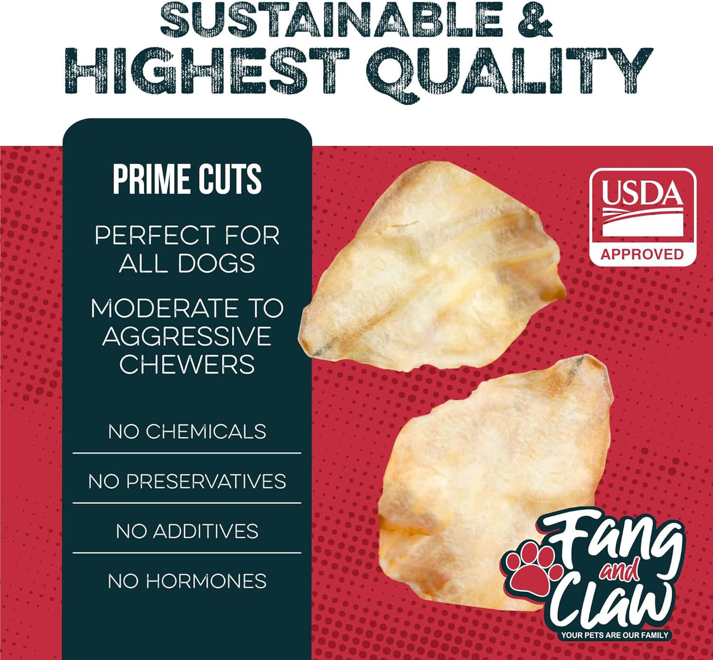 Fang & Claw 50 Count Water Buffalo Ears for Dogs – 100% Natural, Single-Ingredient, Long-Lasting Rawhide Alternative, Grain-Free