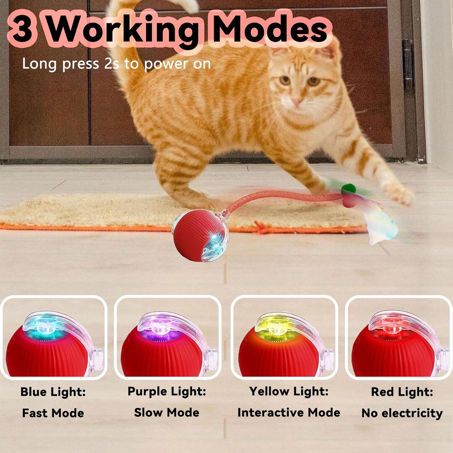 Interactive Cat Toys for Indoor Cats, Automatic Cat Toy with Elastic Mesh Tail, Electric Rolling Ball on Carpet, Chirping and Motion Activate Cat (Blue)