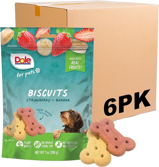 Dole for Pets - Freshly Fetched Banana & Strawberry Dog Biscuits | Real Fruit Flavor | Vegan Crunchy Snacks | No Wheat, Corn, Soy or Artificial Additives, 7 Ounce - 6 Pack