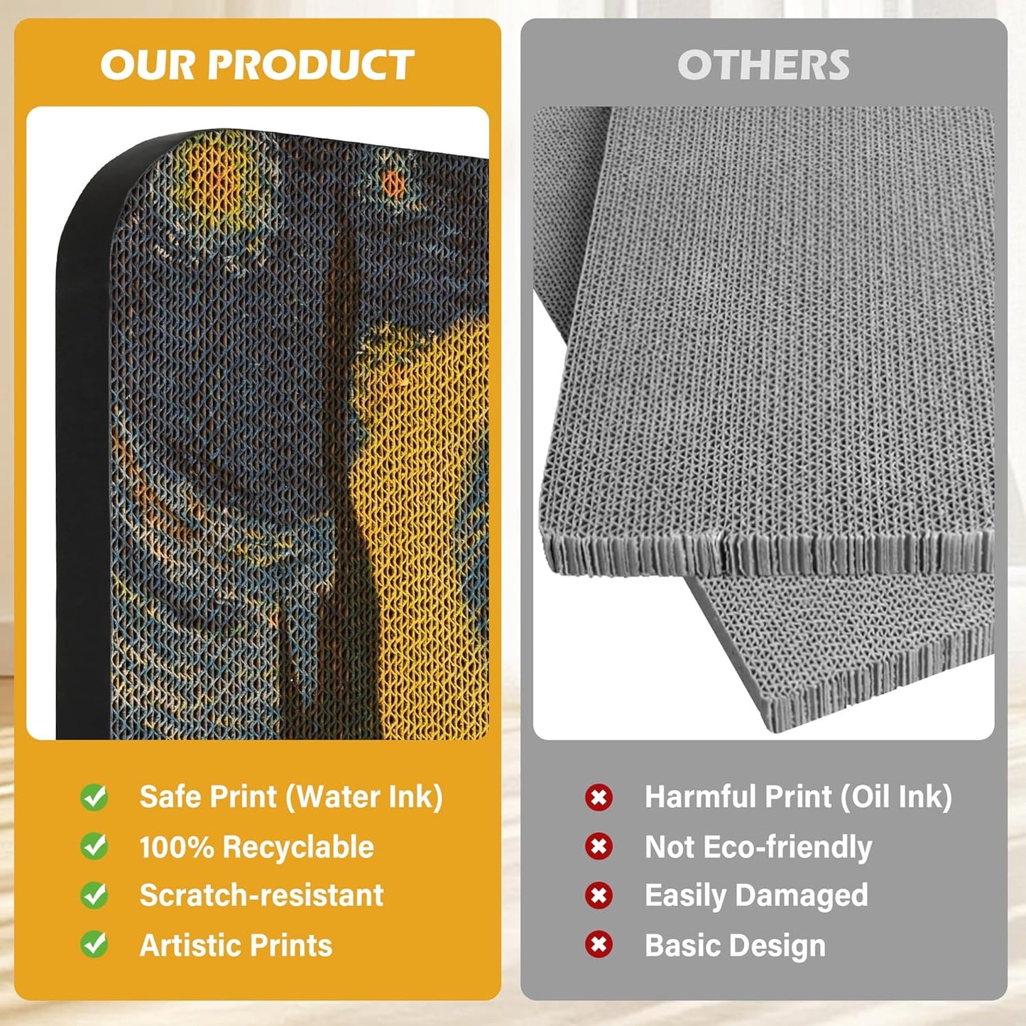 Art Cat Scratcher, 3 Packs Wall-Mountable Art Cat Scratching Board with Box, Cat Wall Scratcher, Cat Scratch Pad, Cardboard Cat Scratchers for Indoor Cats Toy Furniture Protector