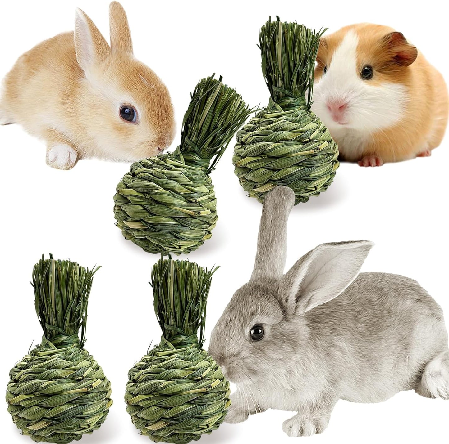 Hamiledyi Rabbit Chew Ball Bunny Timothy Grass Ball Natural Woven Chewing Toys Small Animal Activity Play Balls Chew Toys for Bunny Rabbits Hamster Guinea Pigs Chinchilla Gerbils 4PCS