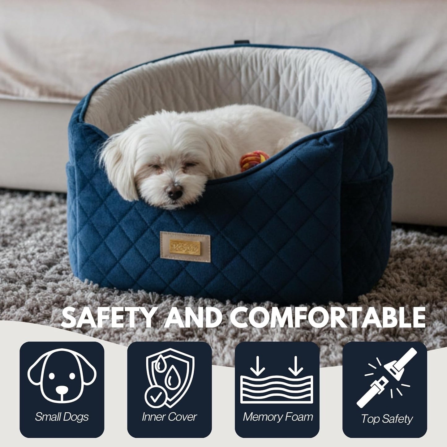 Premium 2-in-1 Dog Car Seat & Home Bed for Small Dogs – Premium Travel Pet Bed with Safety Straps, Stylish Design, Soft Plush Cushion & Secure Portable Comfort – Under 30lbs (Blue)