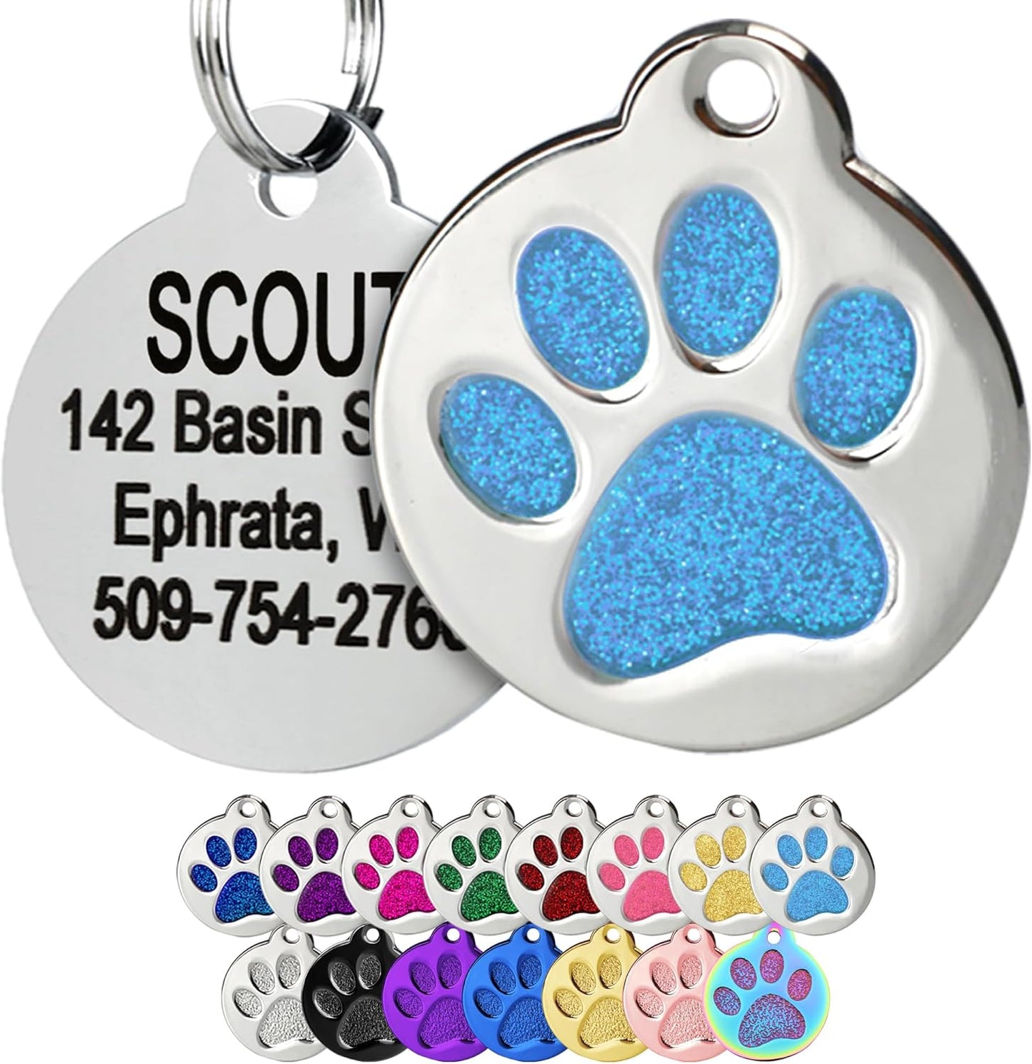GoTags Paw Print Round Stainless Steel Pet Tag for Dogs and Cats, Personalized with 4 Lines of Custom Engraved ID Name and Number, in Stainless Steel and 15 Colors Small and Large, Glitter Light Blue