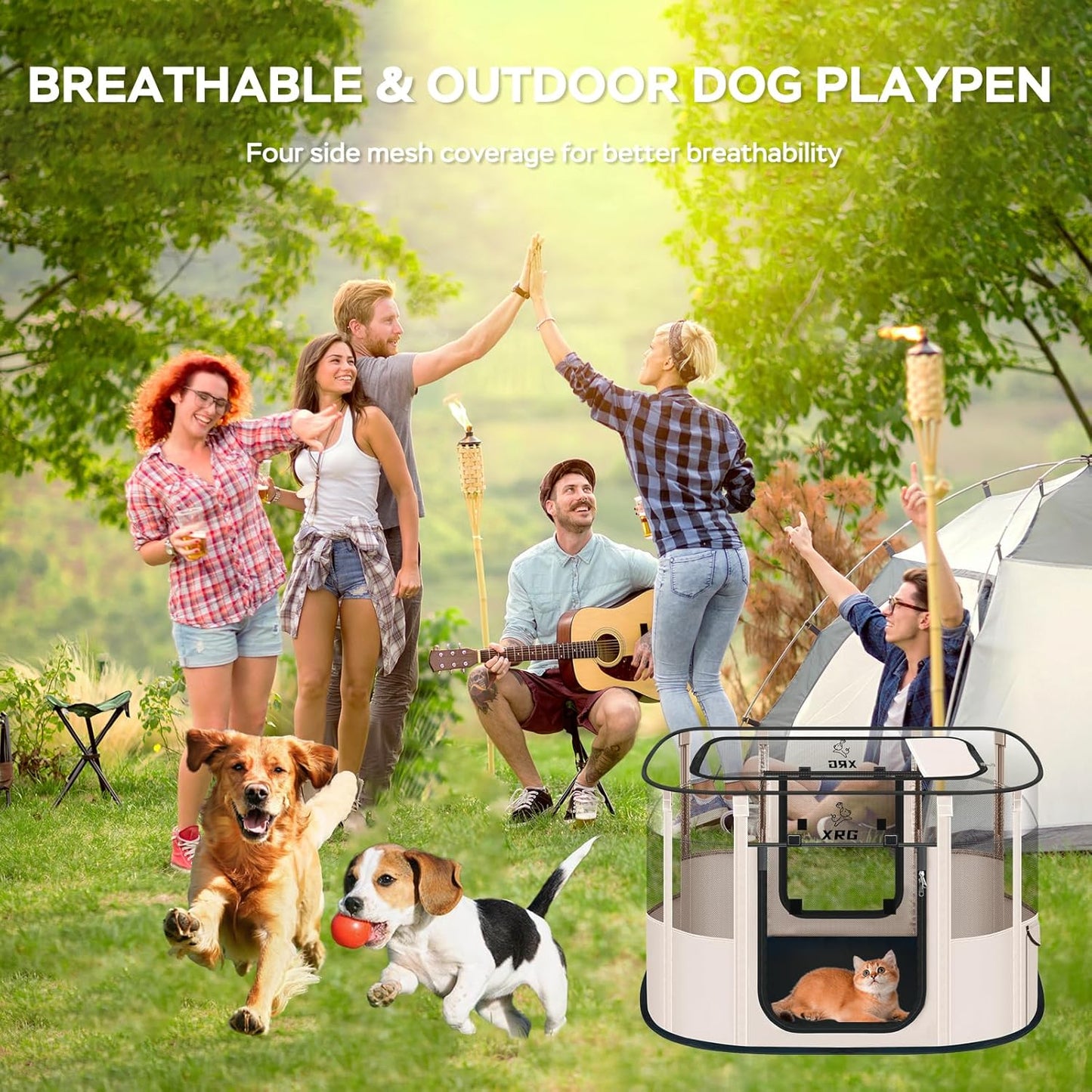 Dog Play Pen with Waterproof pad,Portable Dog Crates for Medium Dogs Kennel Tent,Dog Cages Indoor Breathable Mesh Collapsible Dog House Travel Playpen for Dogs Indoor & Outdoor(Medium, Beige)
