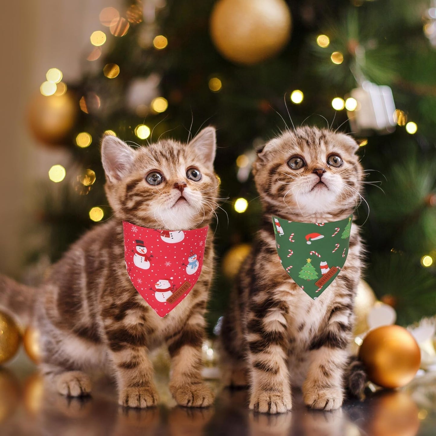 ADOGGYGO Christmas Cat Bandanas 2 Pack, Red Green Snowman Christmas Tree Bandanas for Cat Kitten
