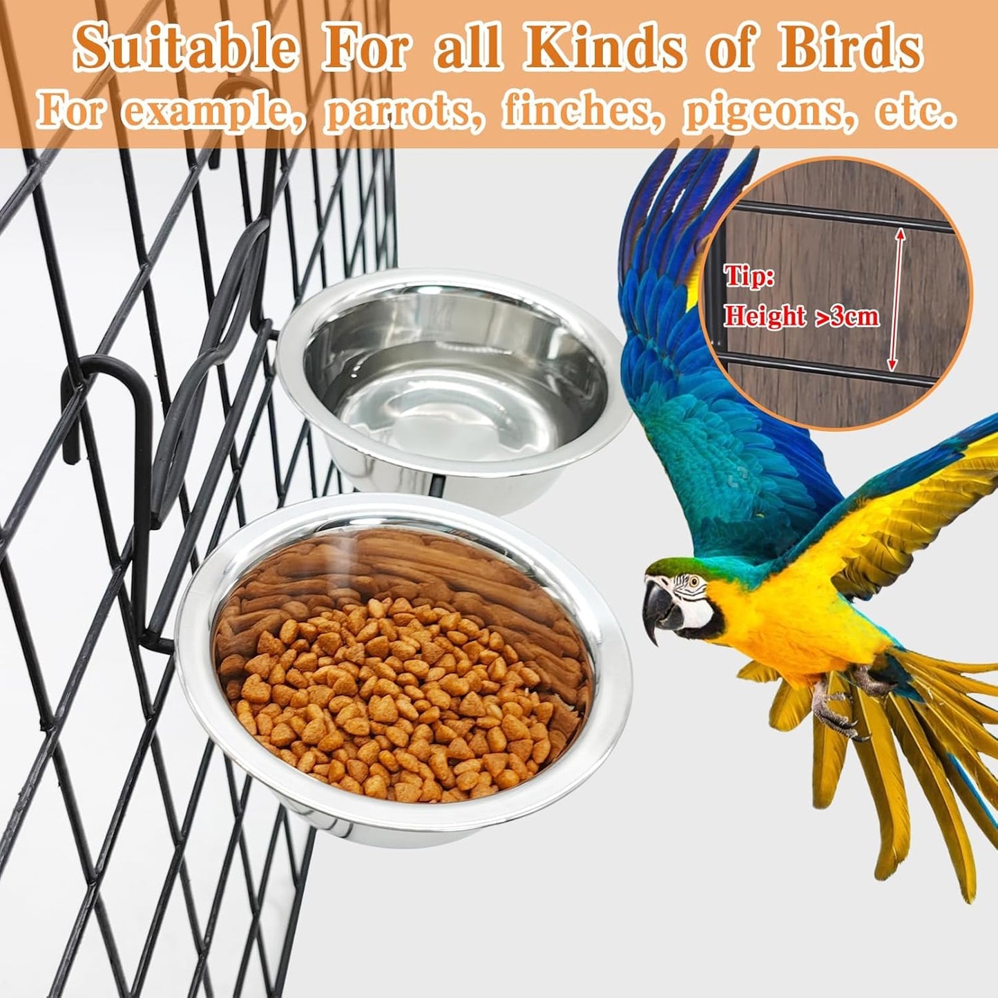 kathson Hanging Bird Bowls for Cage, 2 PCS Stainless Steel Metal Pet Food Water Dishes with Holder Feeder Cage Coop Hook Feeder Cups for Birds, Parrots, Small Sized Dogs and Cats (4.3 Inch Dia)