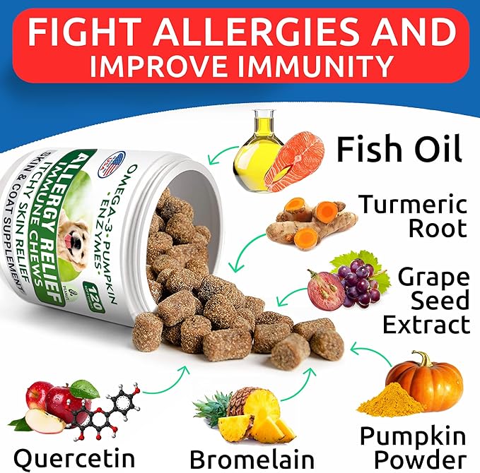 Allergy Relief Dog Treats - Itchy Skin Relief - Omega 3 + Pumpkin + Enzymes - Seasonal Allergies - Anti-Itch & Hot Spots - Immune Supplement - 300 Chews - Peanut Butter + Chicken Flavor - Made in USA