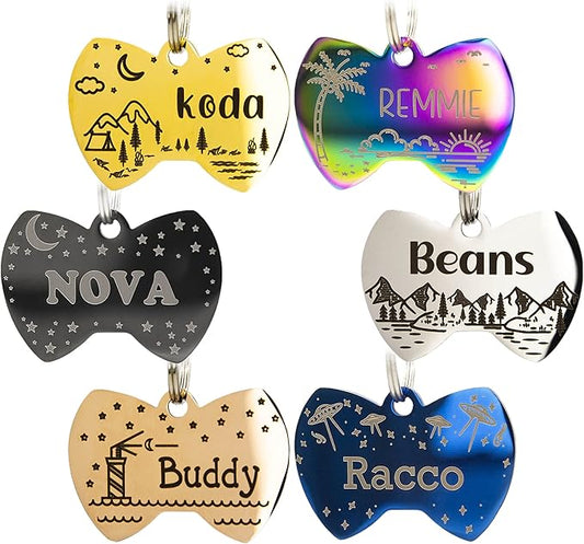 Personalized Dog Tag with 5 Lines of Custom Deep Engraved Durable Stainless Steel Pet ID Name Tag Designer Small Size Bow Tie
