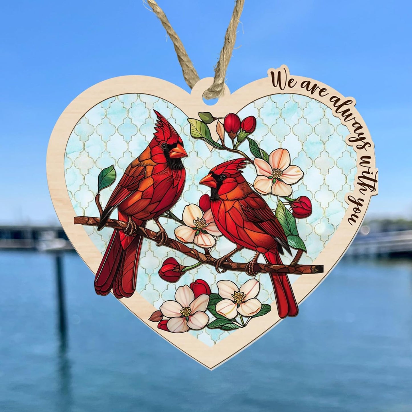 Personalized Cardinal Suncatcher Memorial Ornament – “Together in Heaven” Heart-Shaped Custom Remembrance Gift for Loss of Loved Ones – Stained Glass Cardinal Suncatchers for Windows or Car Display